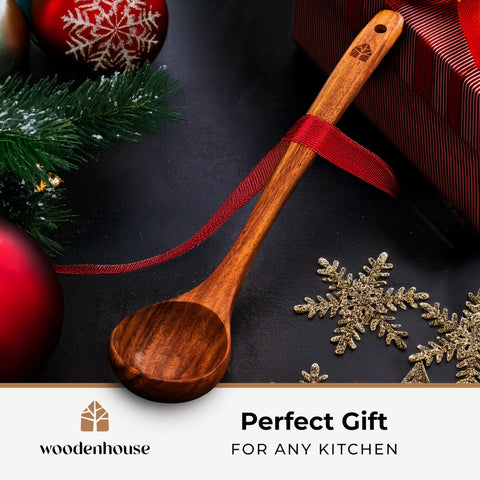 Woodenhouse teak ladle used for soups and gravies, sturdy and reliable.