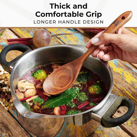 Woodenhouse teak mixing spoon smooth grip for stirring thick sauces.