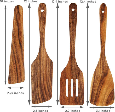 Woodenhouse teak spatula set in use shows versatile cooking applications
