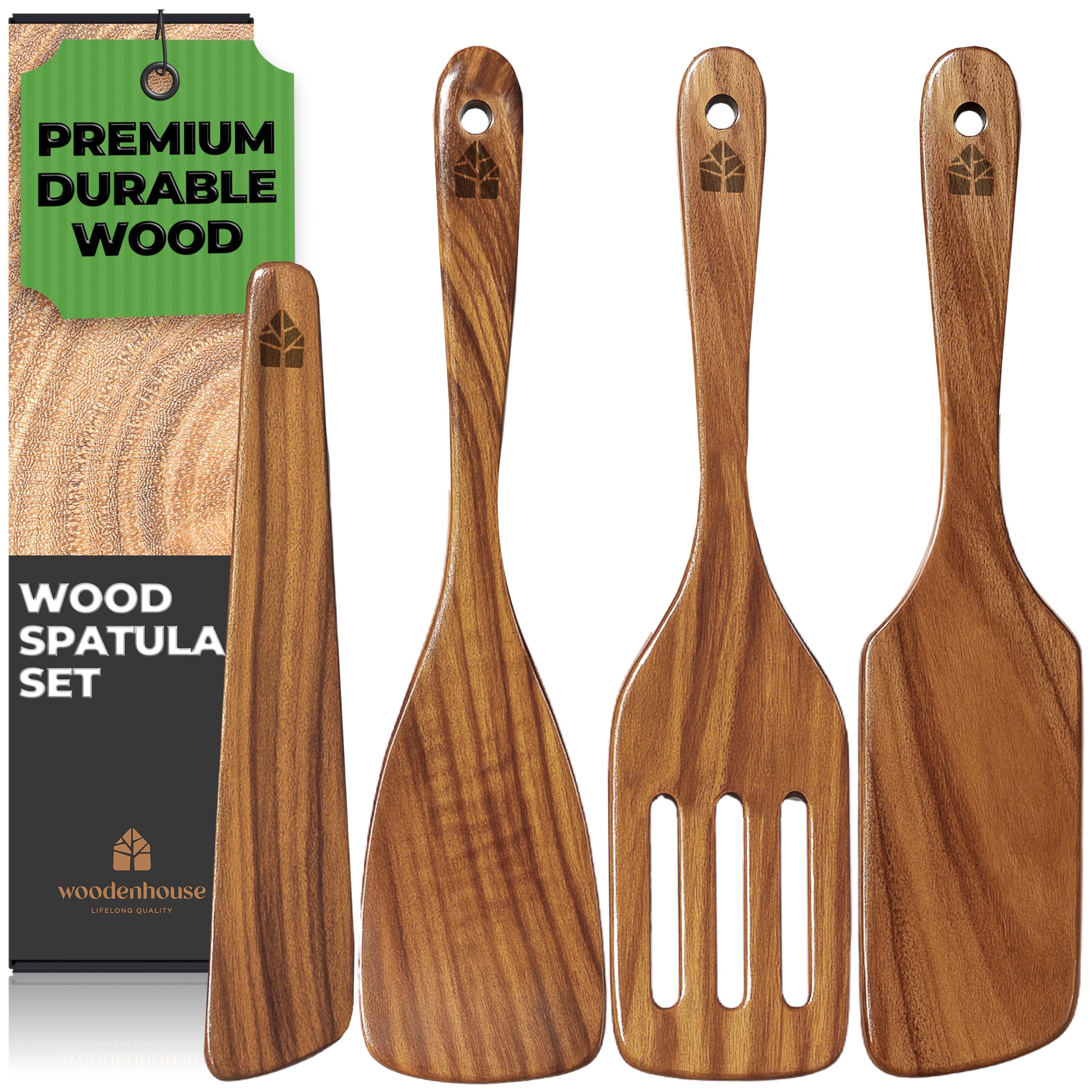 Woodenhouse teak spatula set paddle gliding smoothly on nonstick cookware for gentle flipping