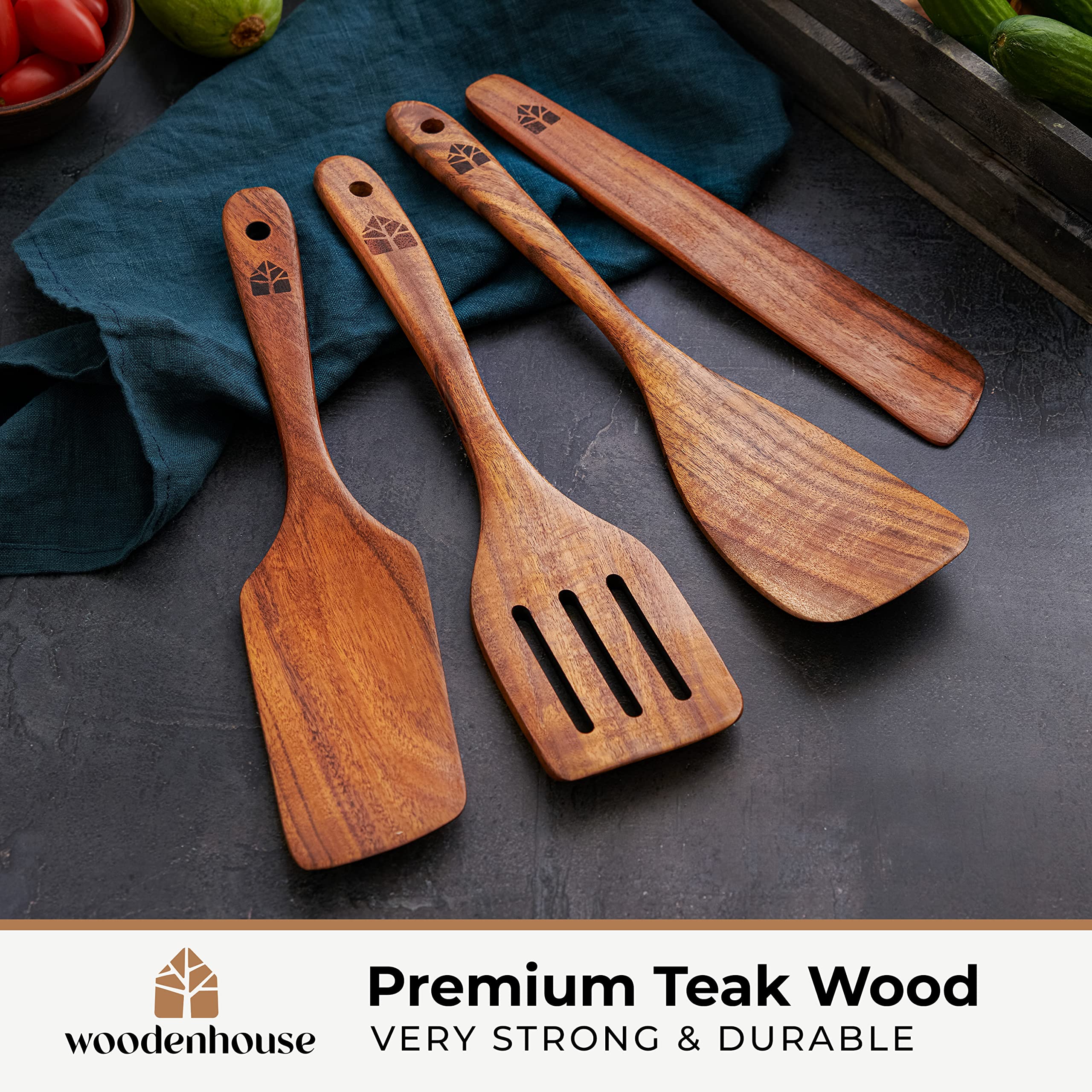 Woodenhouse teak spatula set slotted spatula drains liquids efficiently
