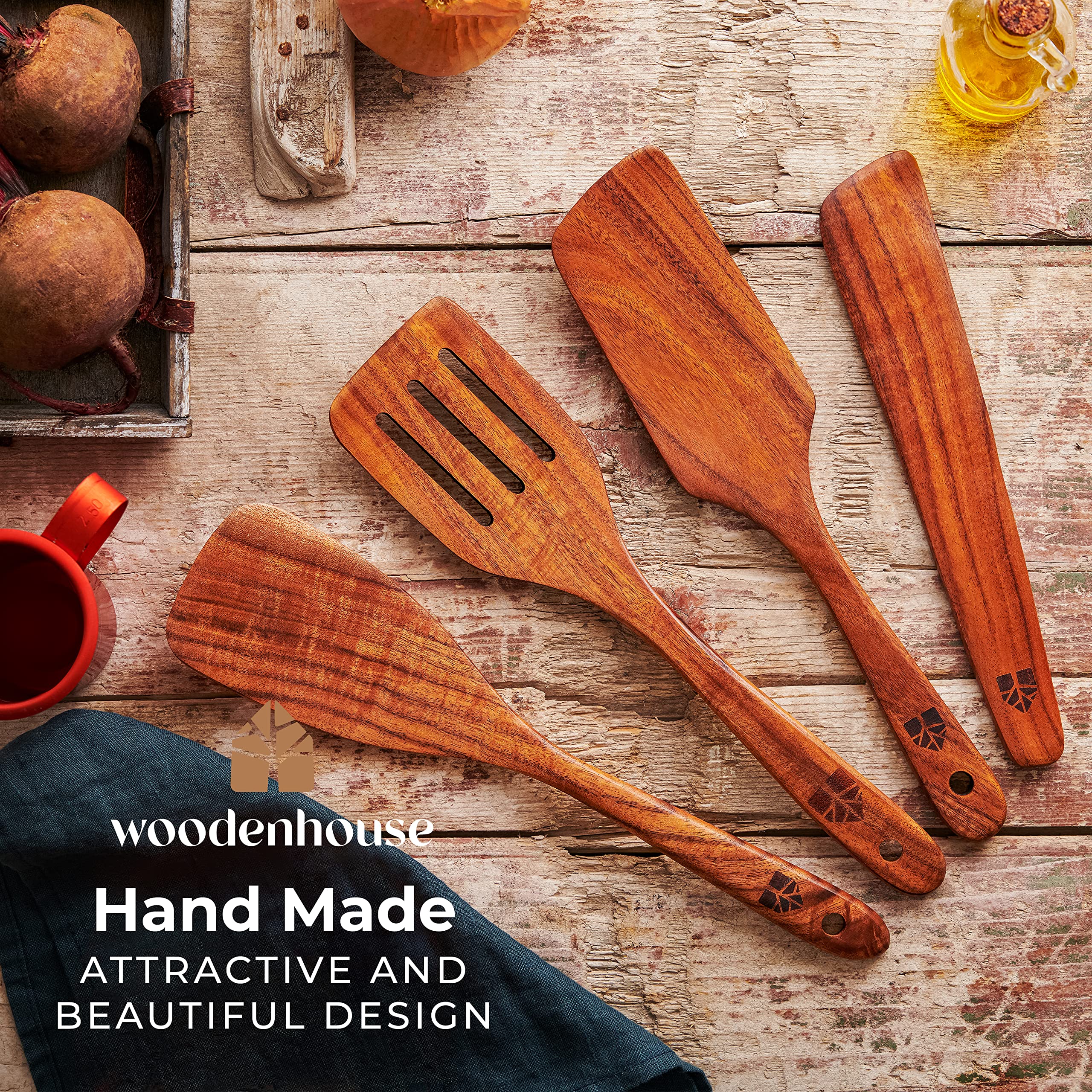 Woodenhouse teak spatula set turner with warm wood and precise flipping action