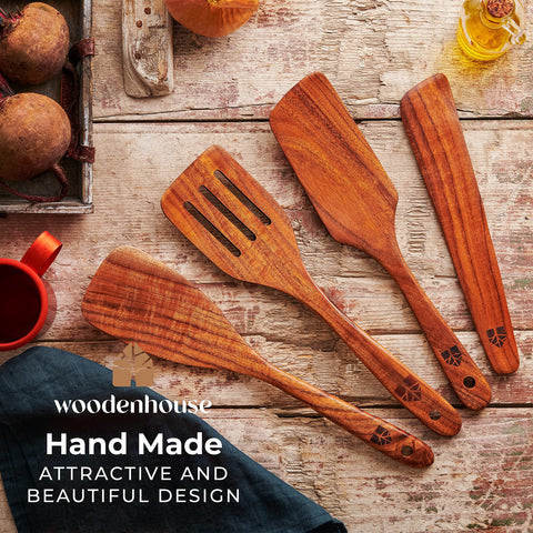 Woodenhouse teak spatula set turner with warm wood and precise flipping action