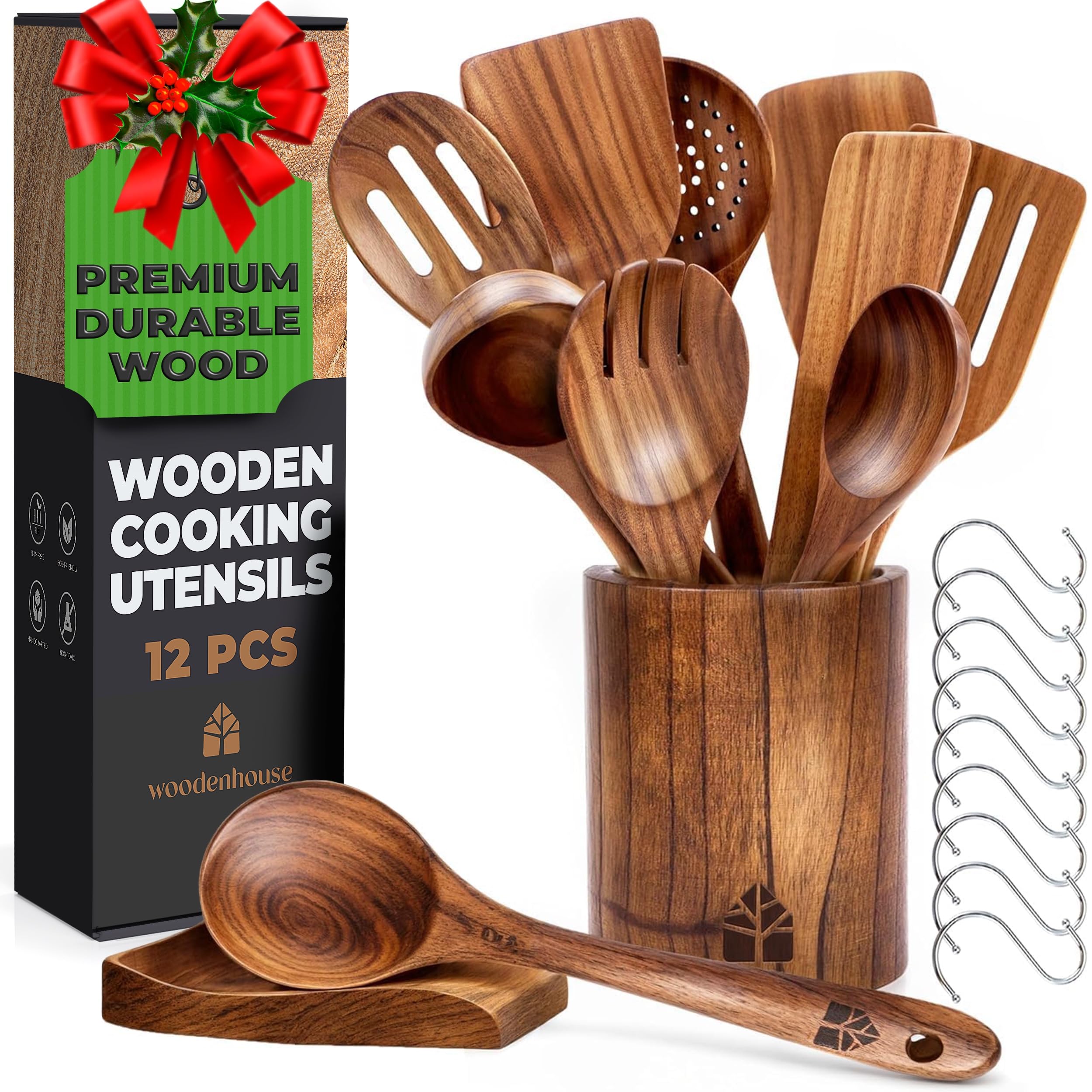 Woodenhouse teak spoon set in holder highlights durable, nonstick-safe kitchen tools.