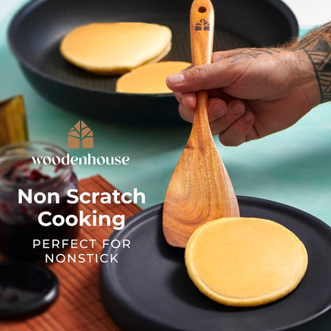 Woodenhouse teak utensils are nonstick-friendly and safe for cookware.