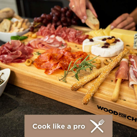 WoodForChef 20x16 inch maple board shown on a kitchen counter.