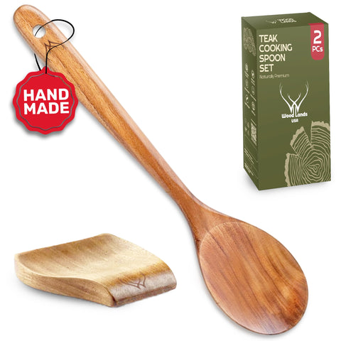 WOODLANDS USA teak spoon 12in handle resting on the rest for smooth stirring