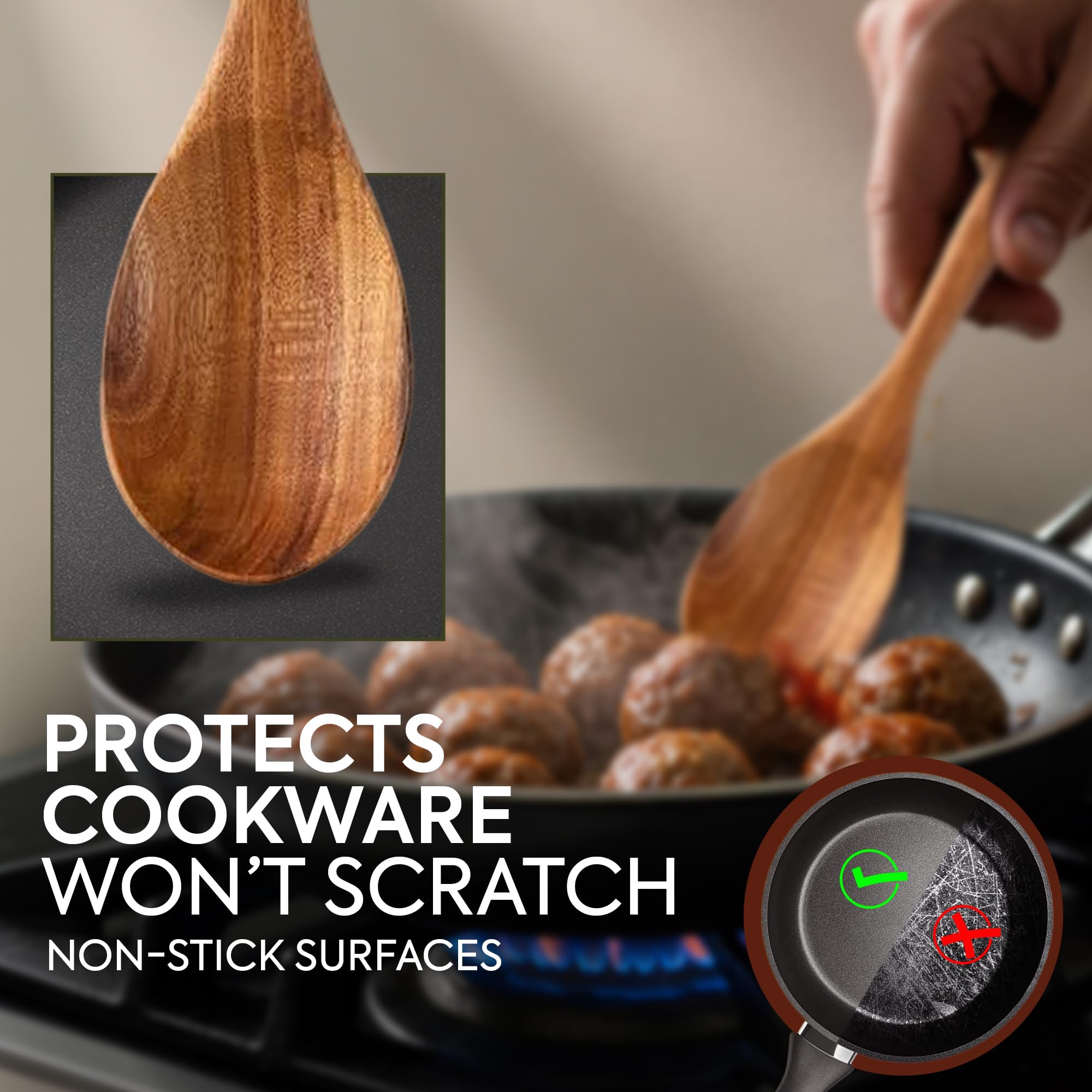 WOODLANDS USA teak spoon close-up reveals rich grain and durable finish