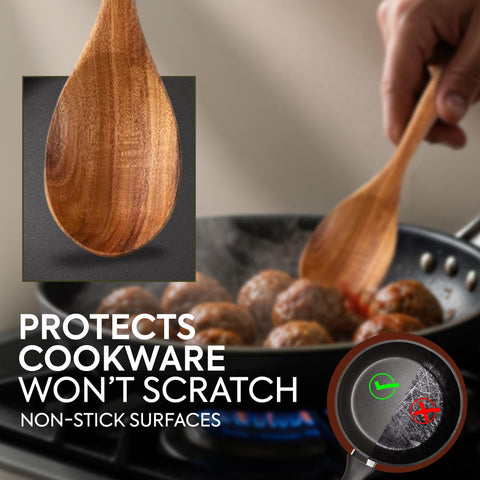 WOODLANDS USA teak spoon close-up reveals rich grain and durable finish