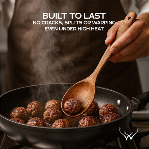 WOODLANDS USA teak spoon in pot demonstrates scratch-free cooking