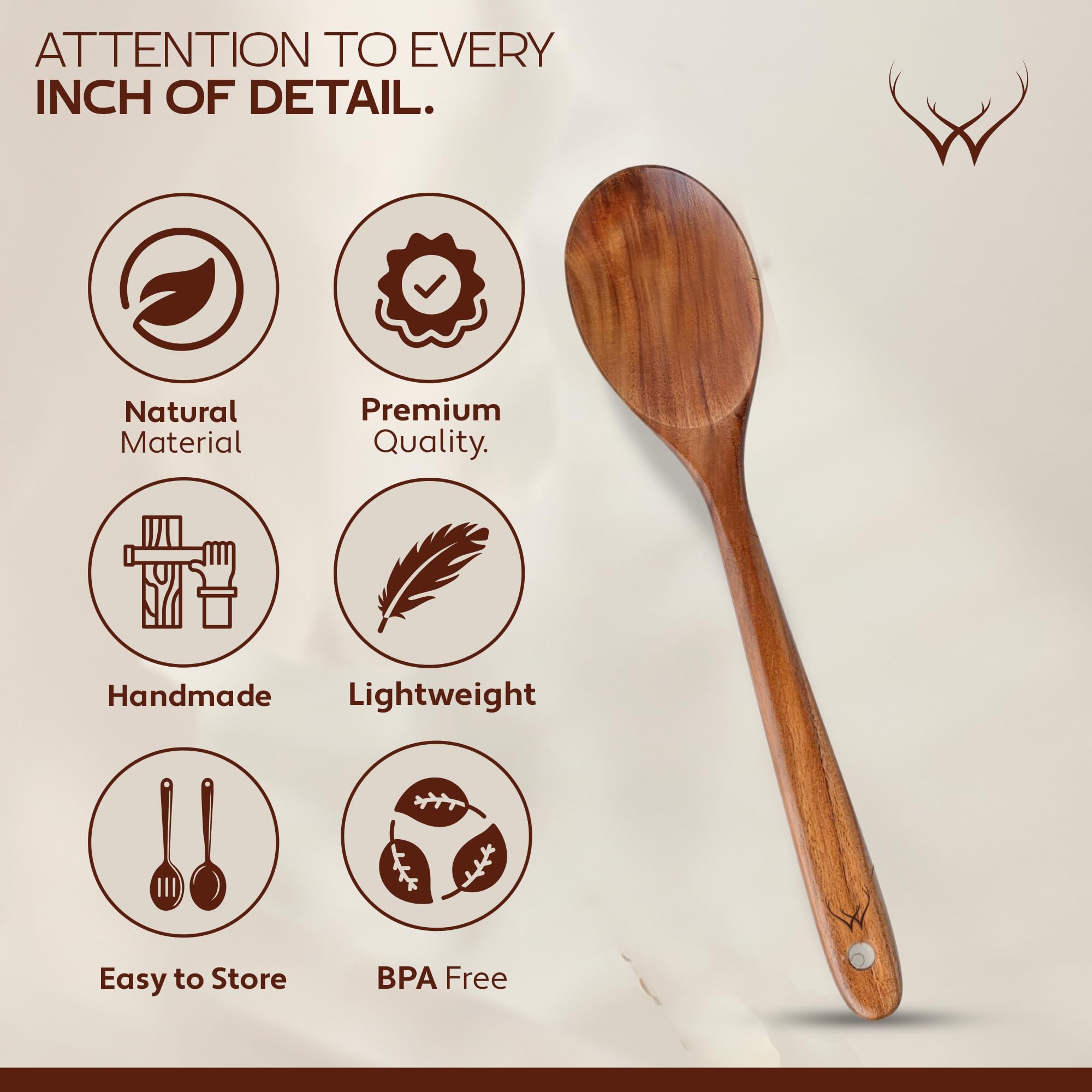 WOODLANDS USA teak utensil set ergonomic design for comfortable stirring