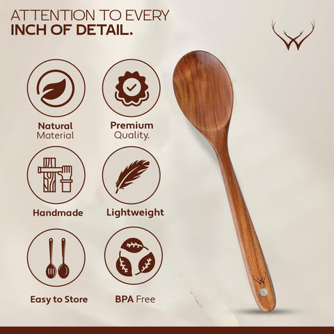 WOODLANDS USA teak utensil set ergonomic design for comfortable stirring