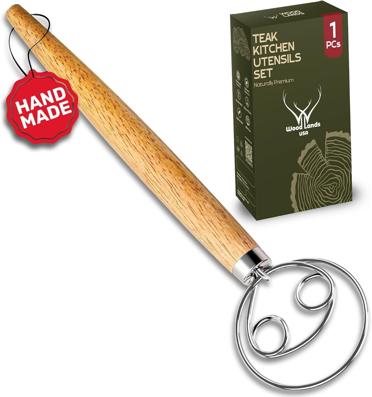 Woodlands USA 13-inch Danish Dough Whisk with long handle for smooth dough blending.
