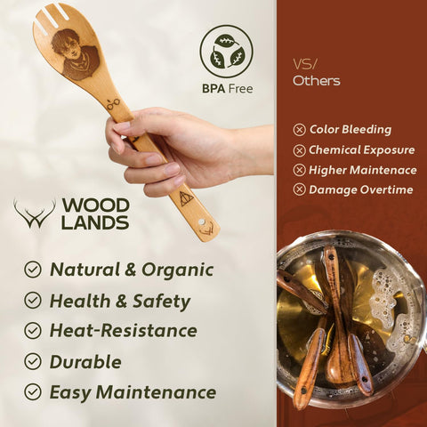 Woodlands USA ergonomic grip design makes stirring, serving, and flipping comfortable