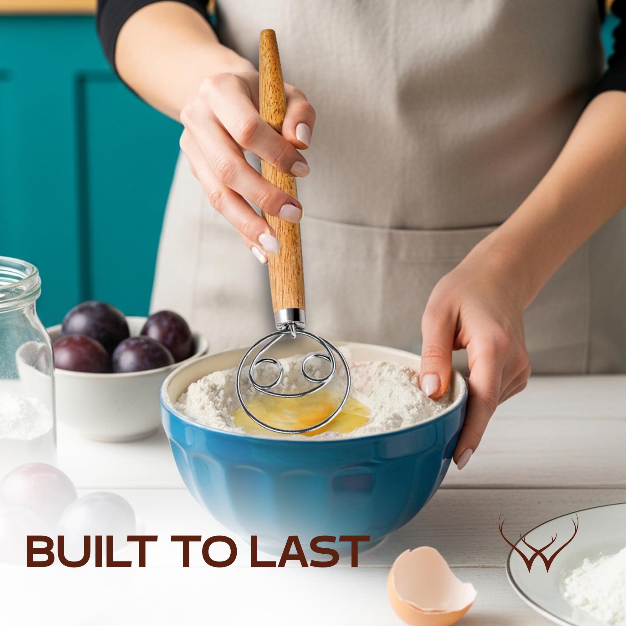 Woodlands USA Danish Dough Whisk with long wooden handle ideal for folding sticky dough.