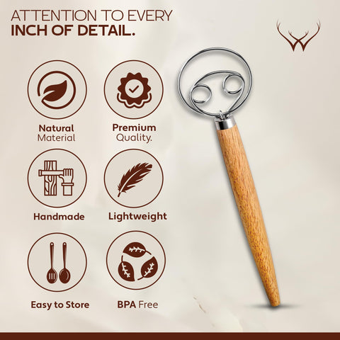 Woodlands USA 13-inch whisk in action enhances sourdough starter mixing.