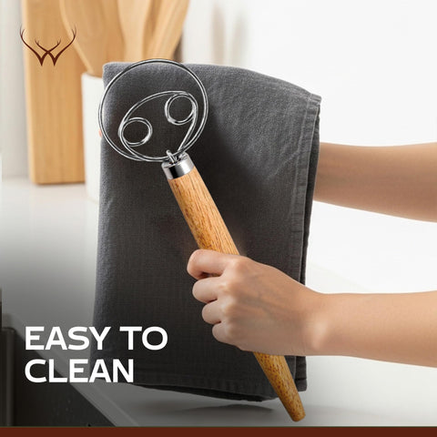 Woodlands USA sturdy wire whisk delivers consistent bread dough texture.