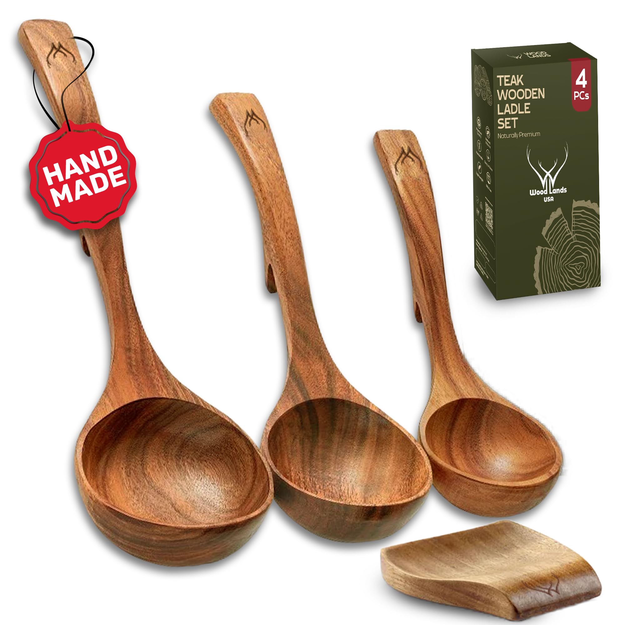 Woodlands USA teak ladle large-hook in use for serving hot soup.
