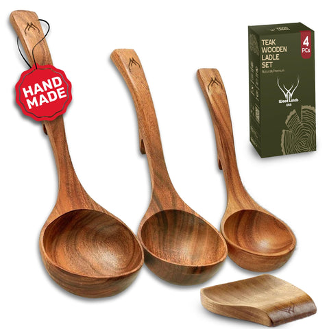 Woodlands USA teak ladle large-hook in use for serving hot soup.