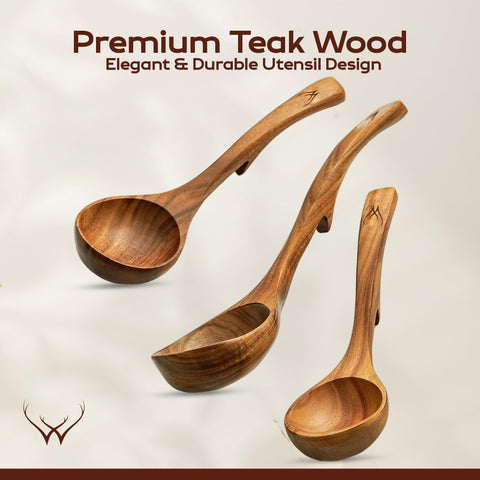Woodlands USA teak ladle medium-hook ideal for stirring sauces safely.