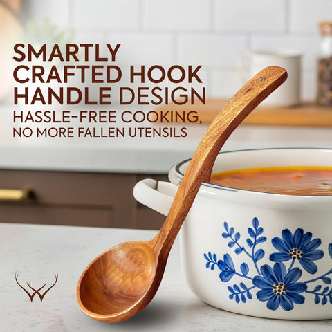 Woodlands USA teak ladle nonstick-friendly design protects cookware.