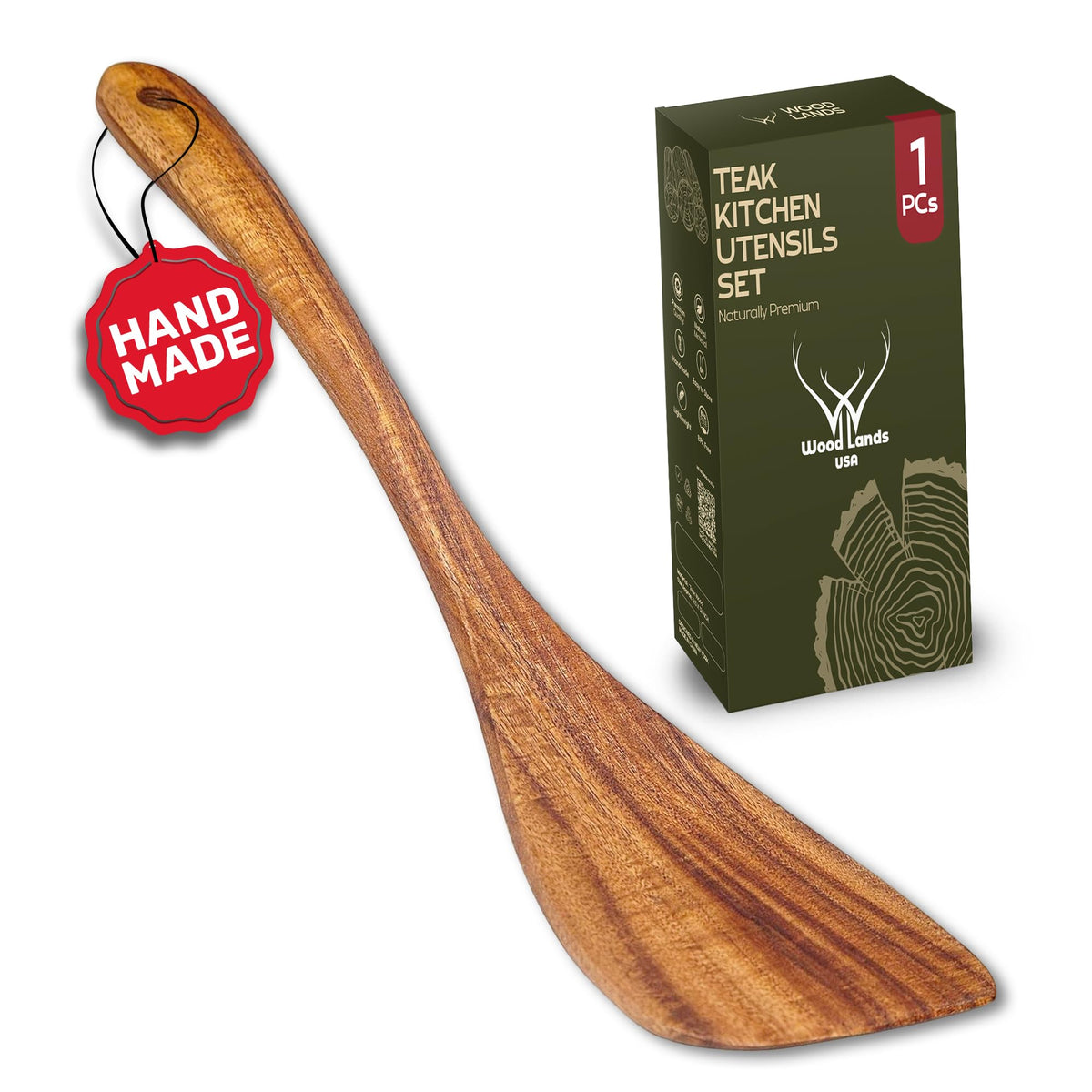Woodlands USA teak spatula with long handle close-up for safe cooking on nonstick surfaces