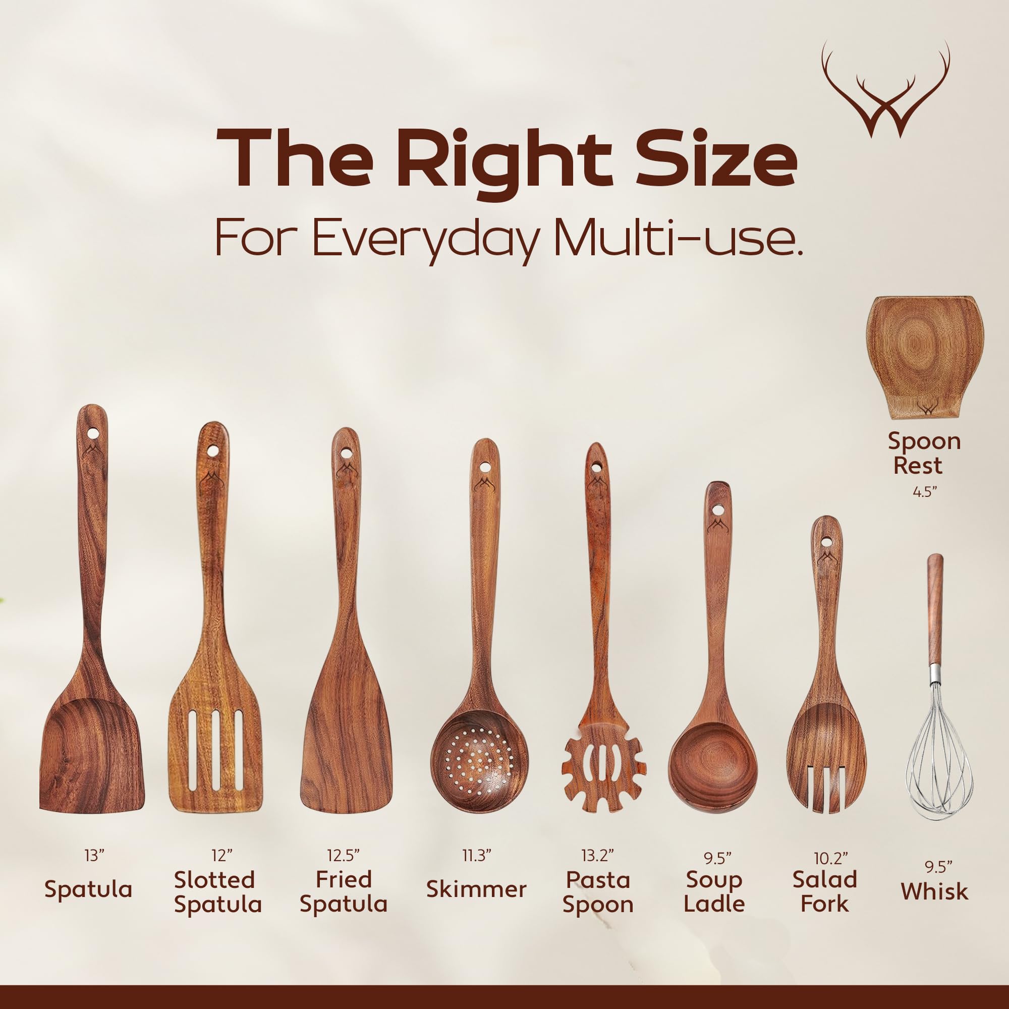 Woodlands USA teak spoon set with frying spatula for safe use on non stick pans.