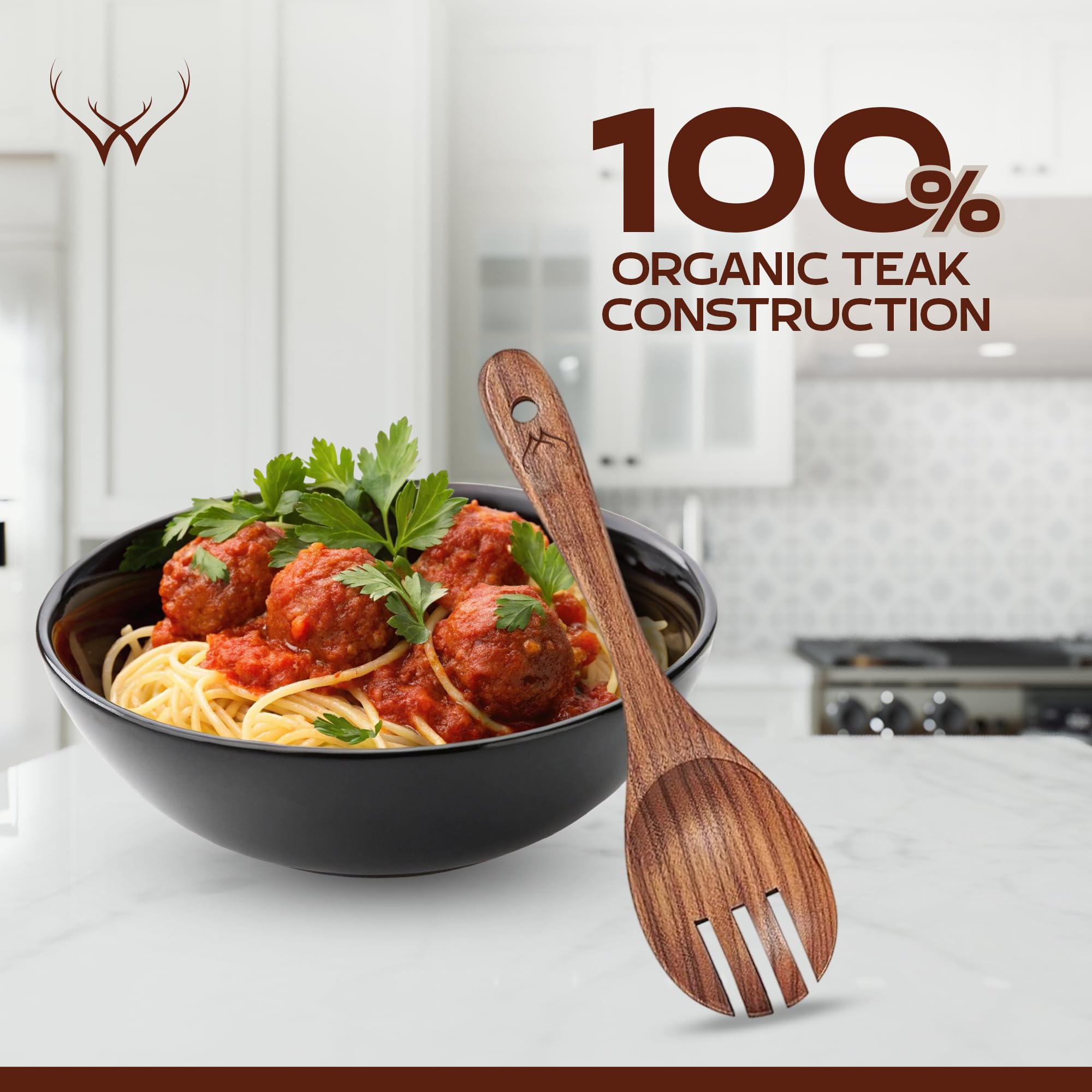 Woodlands USA teak spoon set with ladle for serving soups and stews.