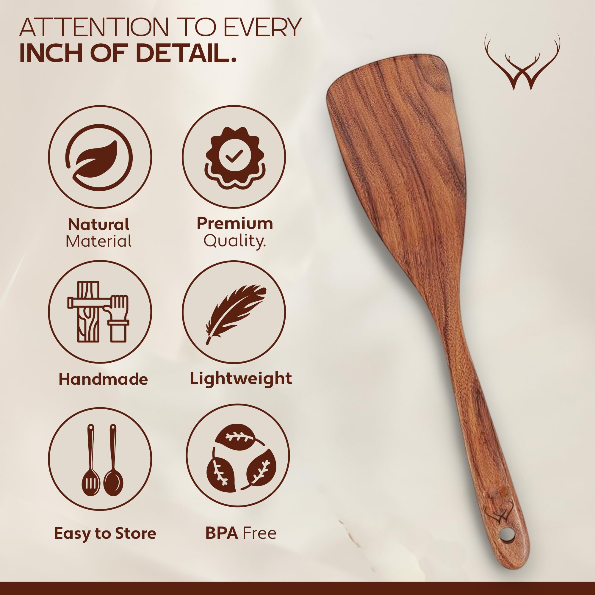 Woodlands USA teak spoon set with skimmer for skimming foams and sauces.