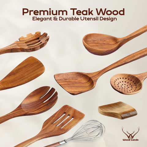 Woodlands USA teak spoon set with slotted spatula for draining liquids while cooking.