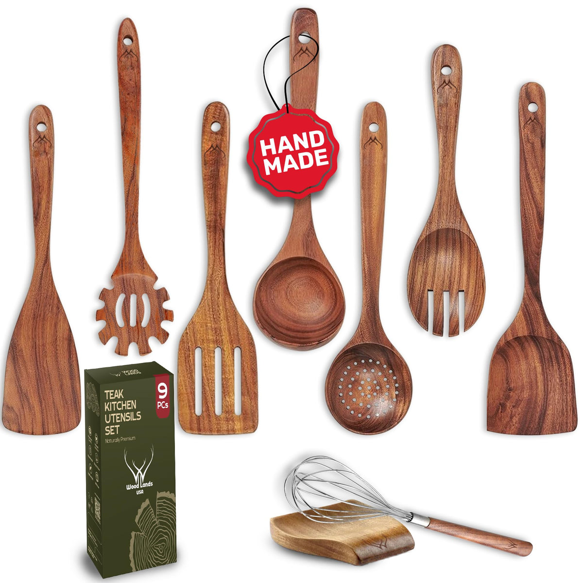 Woodlands USA teak spoon set with spatula for durable stirring and heat resistance.