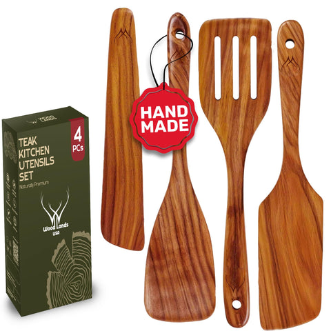 Woodlands USA teak spatula scraper gliding over cookware, protecting nonstick surfaces.