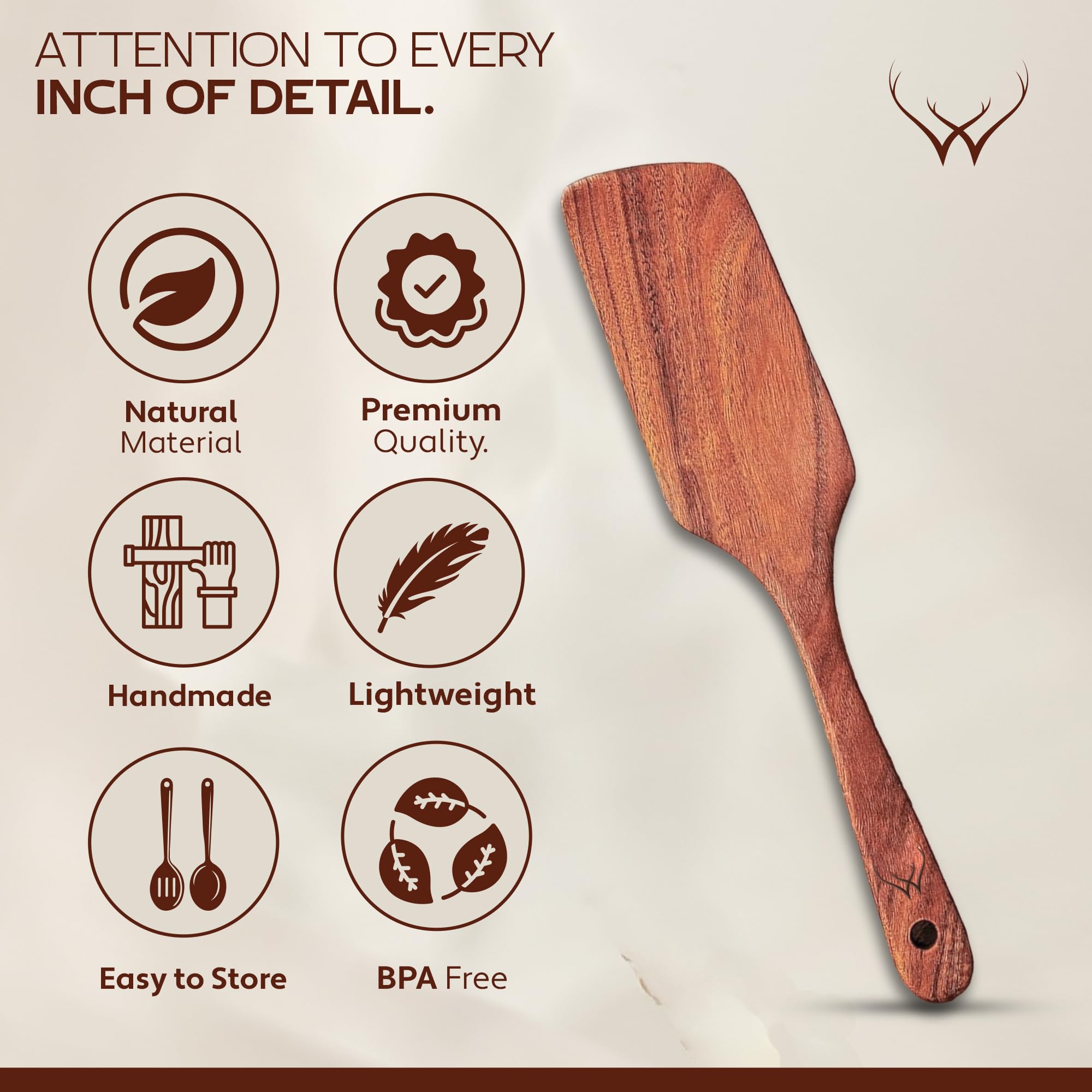 Woodlands USA teak spurtle turner spatula with ergonomic grip.