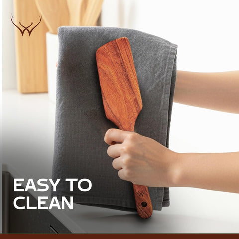 Woodlands USA teak utensil set, five pieces, elegantly packaged for gifting.