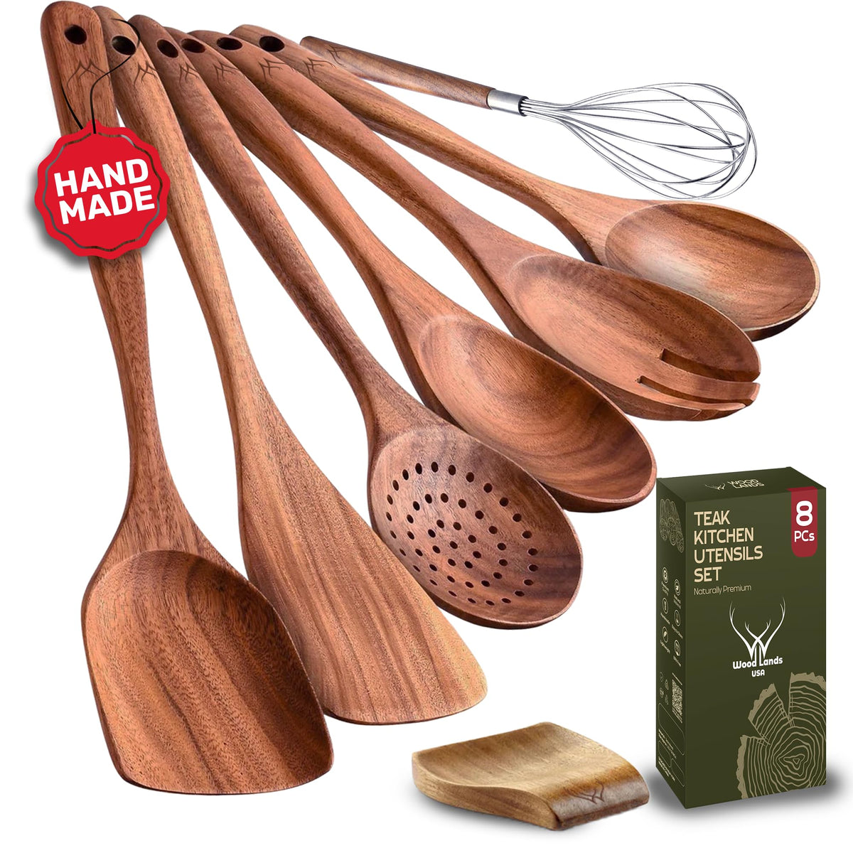 Woodlands USA teak utensil set with rest displayed for organized cooking