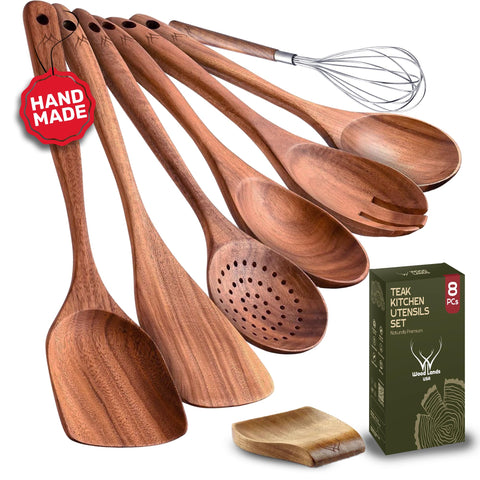 Woodlands USA teak utensil set with rest displayed for organized cooking