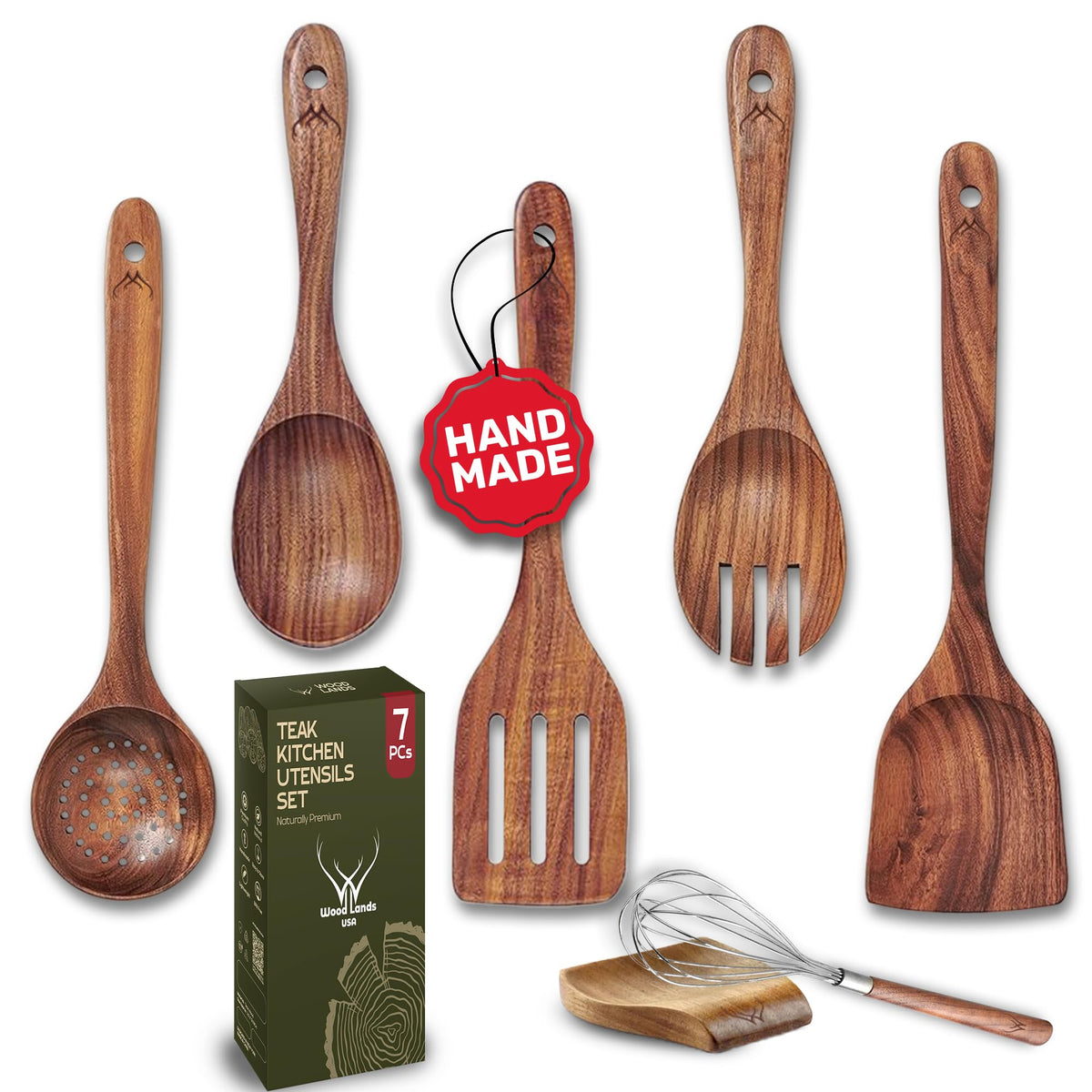 Woodlands USA teak utensils on holder for organized, easy cooking