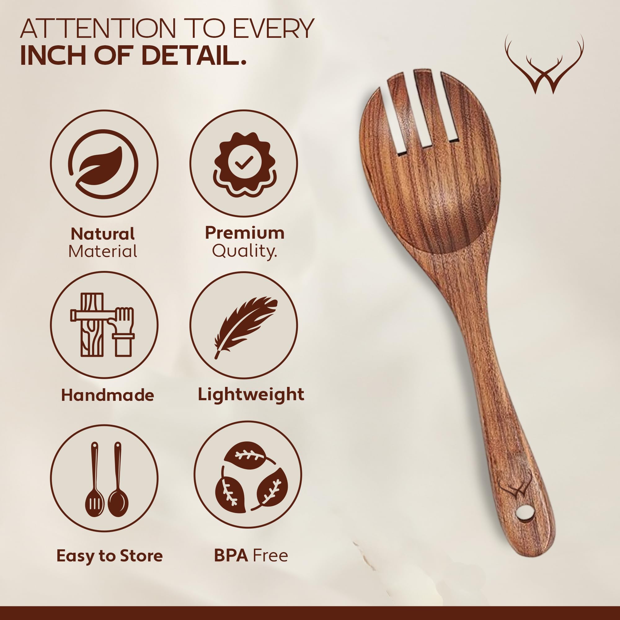 Woodlands USA teak whisk close-up highlights natural wood craftsmanship