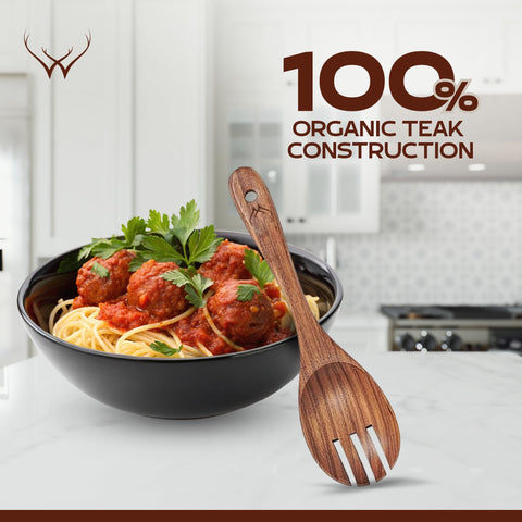 Woodlands USA utensils resting on non-stick pan show cookware-friendly design