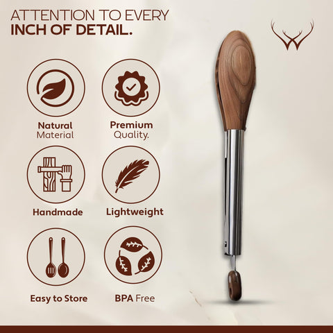 Woodlands USA walnut wooden tongs air fryer ready for safe appliance use.