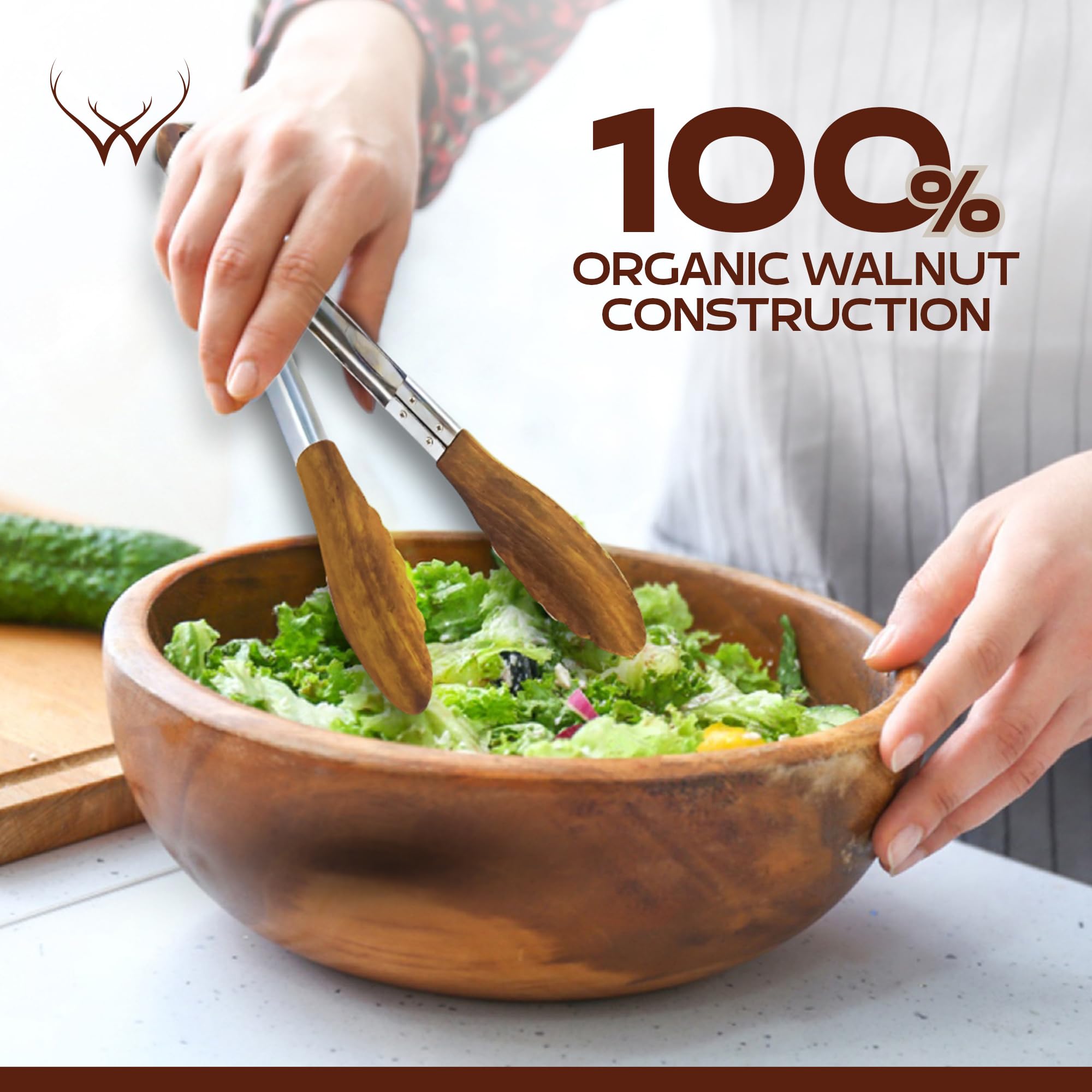 Woodlands USA walnut wooden tongs compact design for easy drawer storage.