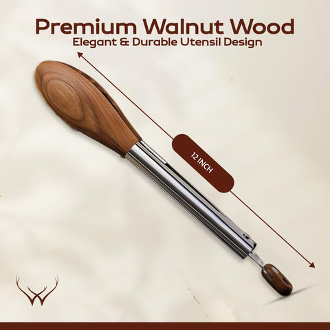 Woodlands USA walnut wooden tongs ideal for grilling and precise flipping.