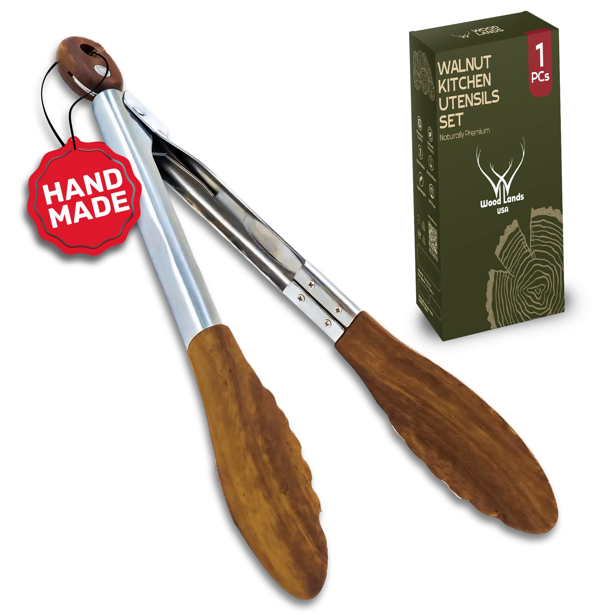 Woodlands USA walnut wooden tongs with ergonomic handle grip for comfortable cooking.