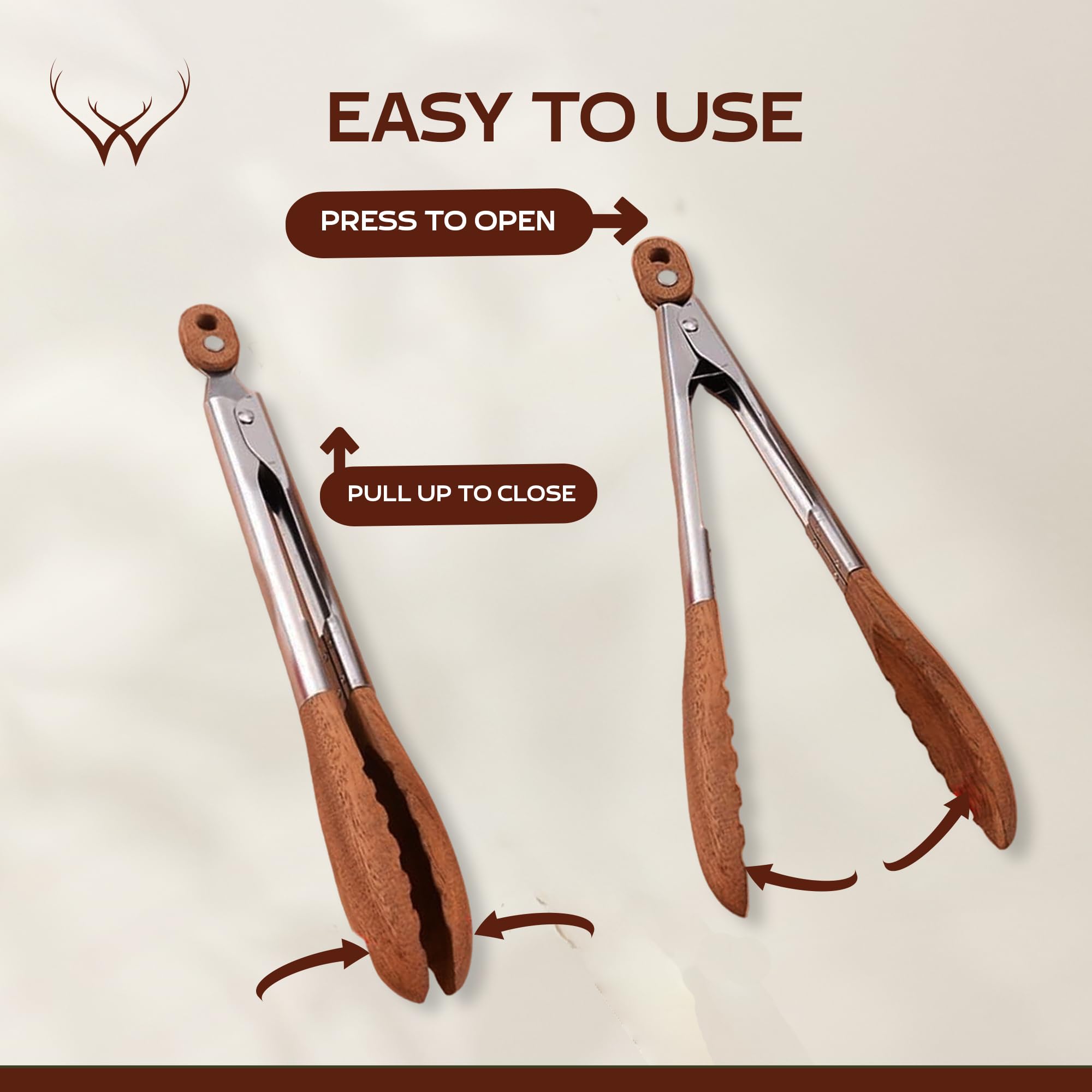 Woodlands USA walnut wooden tongs heat-resistant for handling hot dishes.
