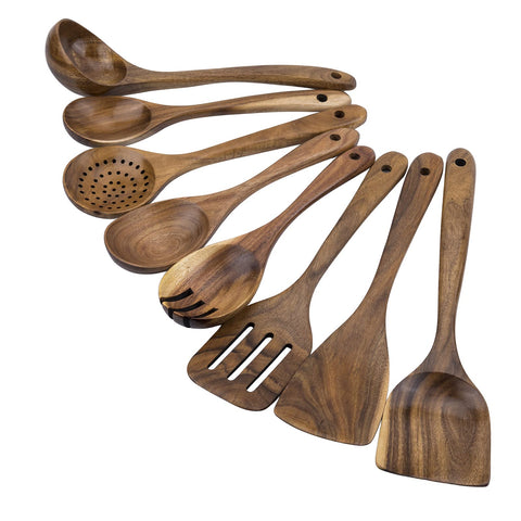 WOODme teak utensil set displayed as a complete collection for versatile cooking tasks