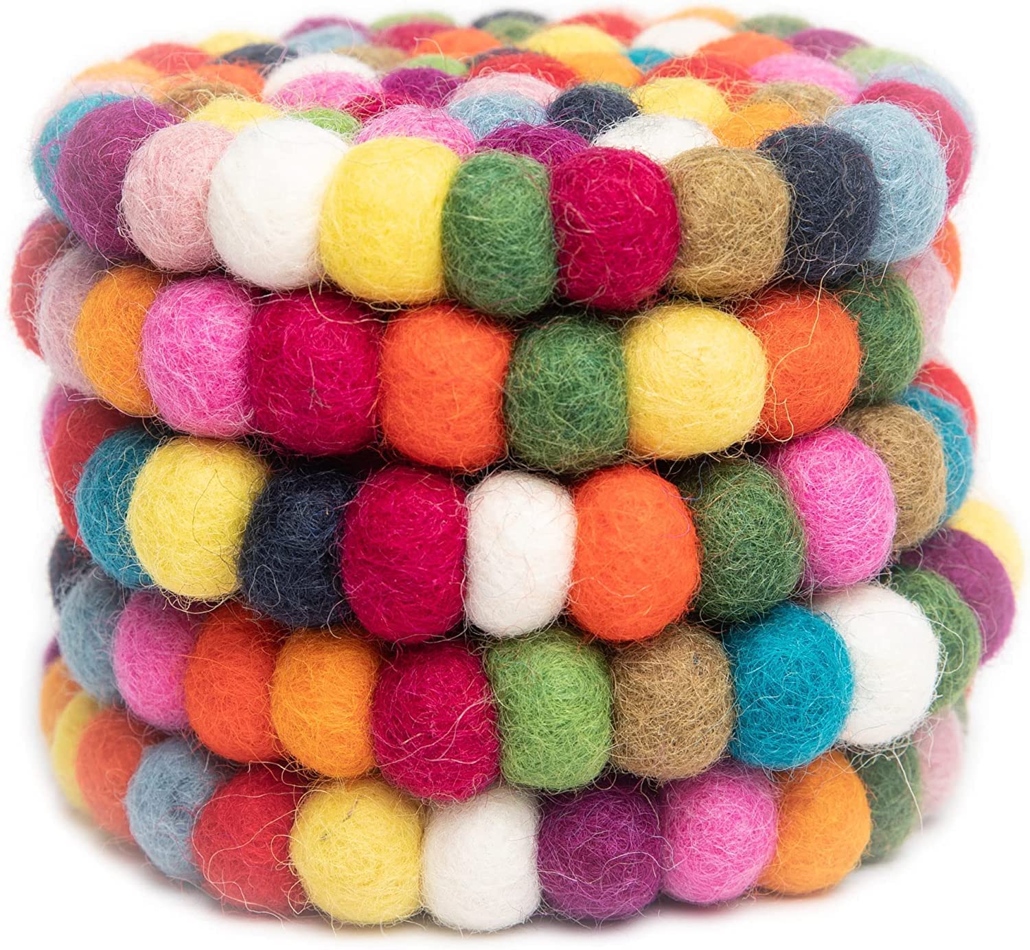 Woolygon felt ball coasters with non-slip backing stays in place