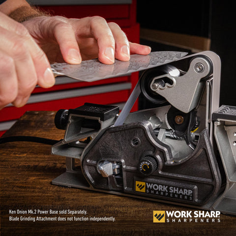 Work Sharp Blade Grinder Attachment angle shot highlighting belt system for edge shaping.