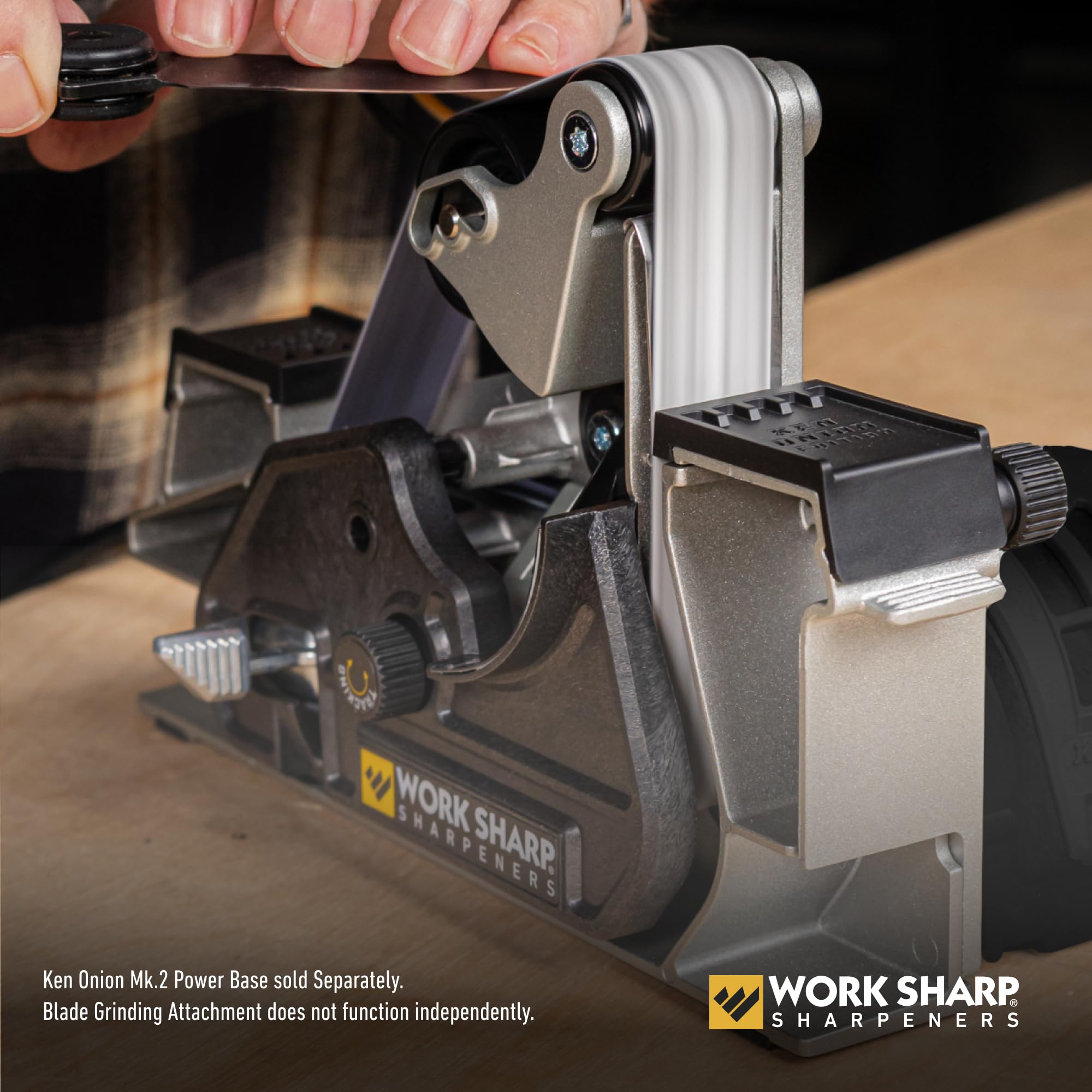 Work Sharp Blade Grinder Attachment close-up of the 4-pulley system enabling smooth belt speed.