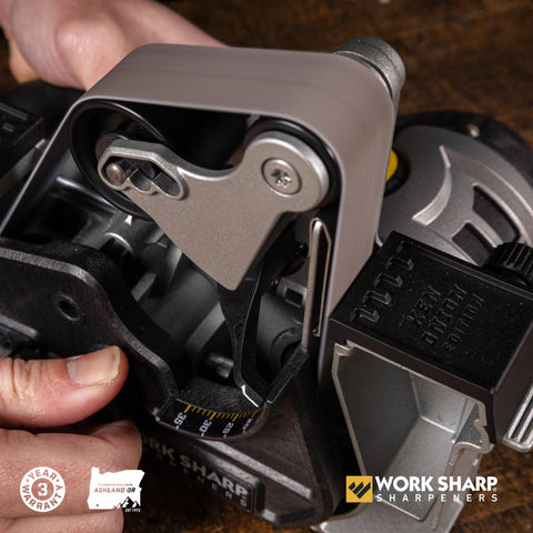 Work Sharp Blade Grinder Attachment in use on a knife showing practical sharpening workflow.