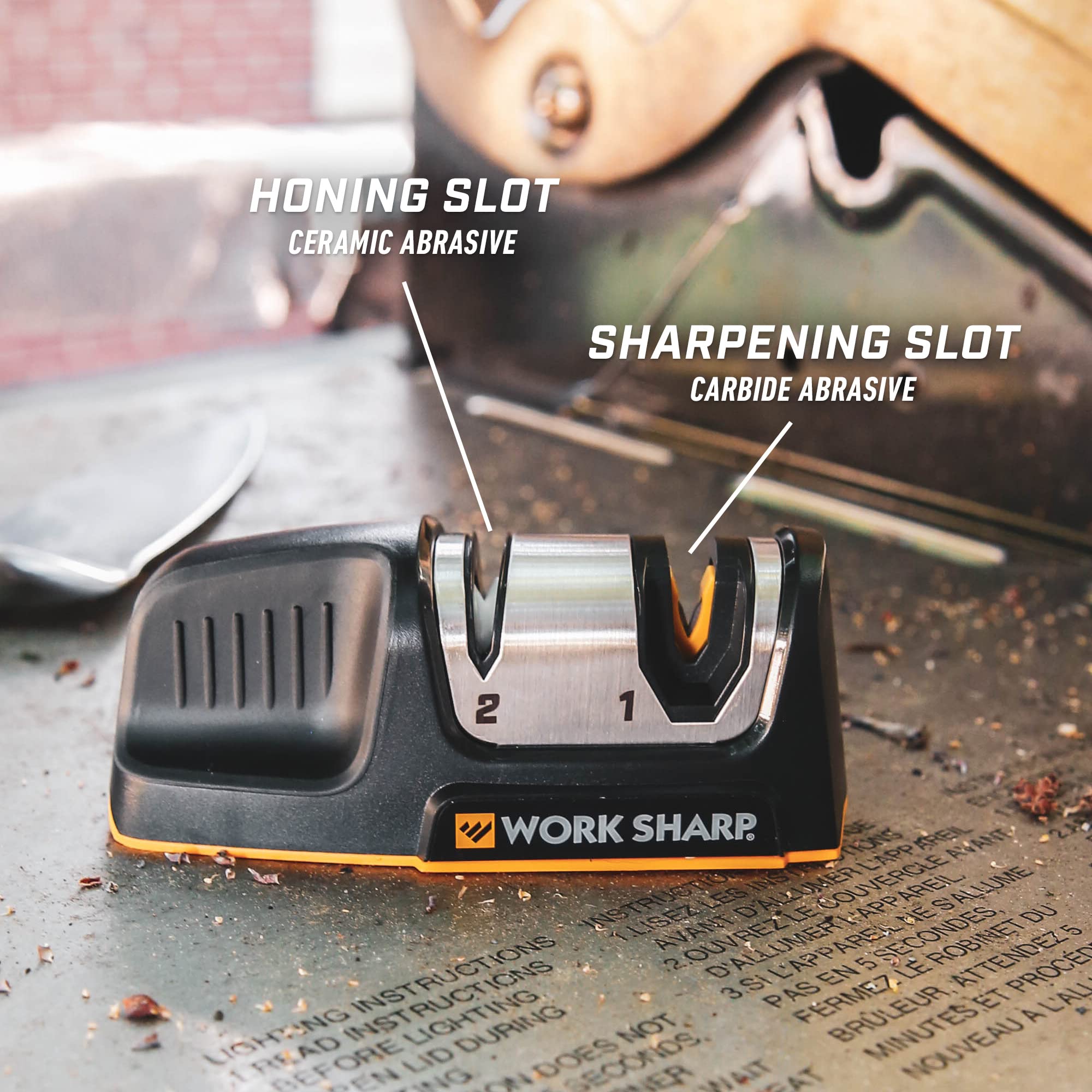 Convex carbide sharpening system in Work Sharp blades to a longer-lasting edge.